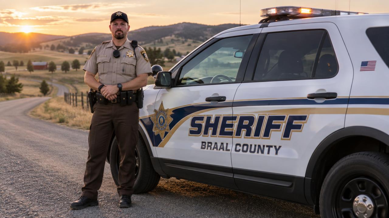 A Braal County deputy beside a patrol vehicle at golden hour